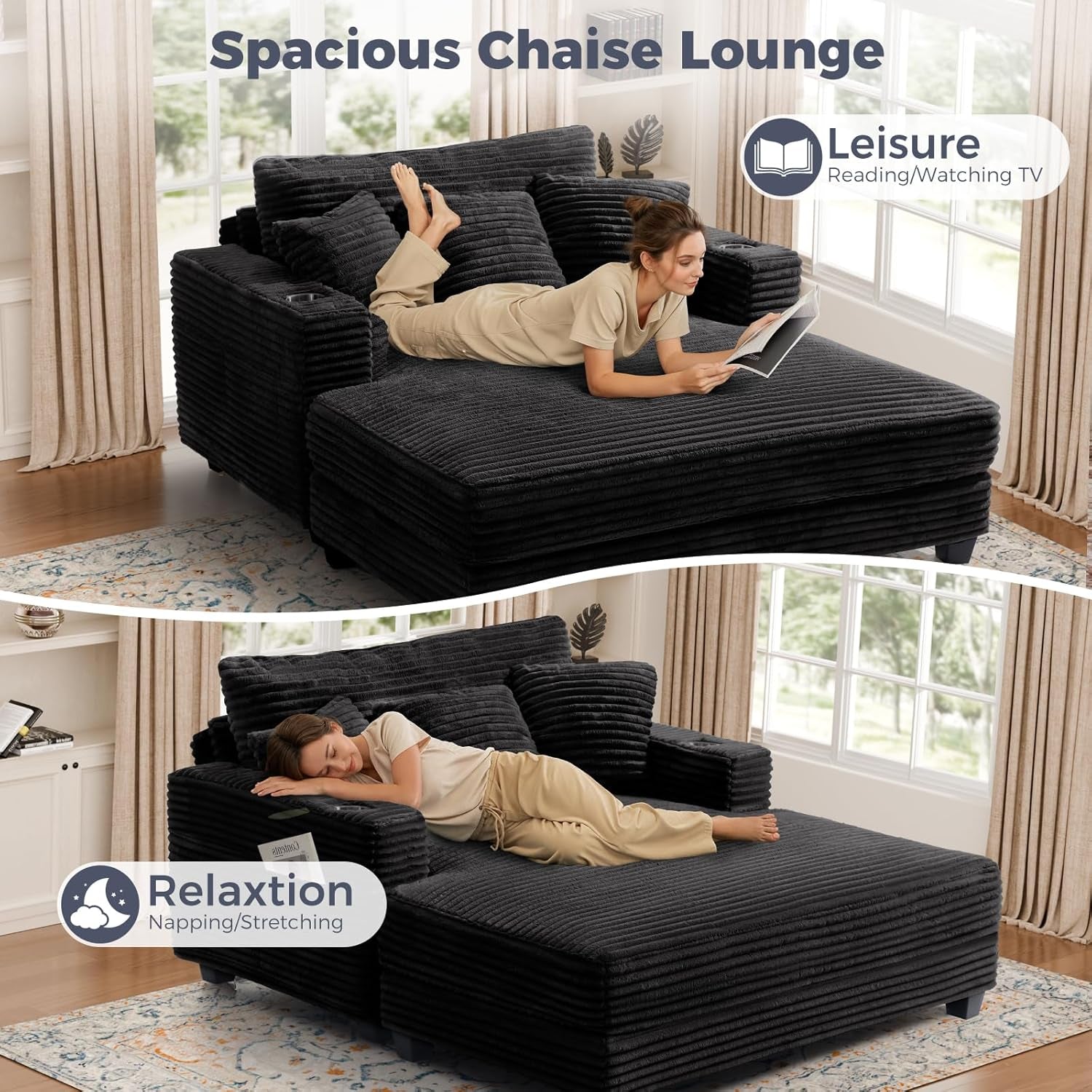 60'' Oversized Chaise Lounge Chair, Upholstered Sofa Bed, Sleeper Couch Reading Chairs with USB Port and Cup Holders,Comfy Cloud Sofas Couches for Living Room,Black