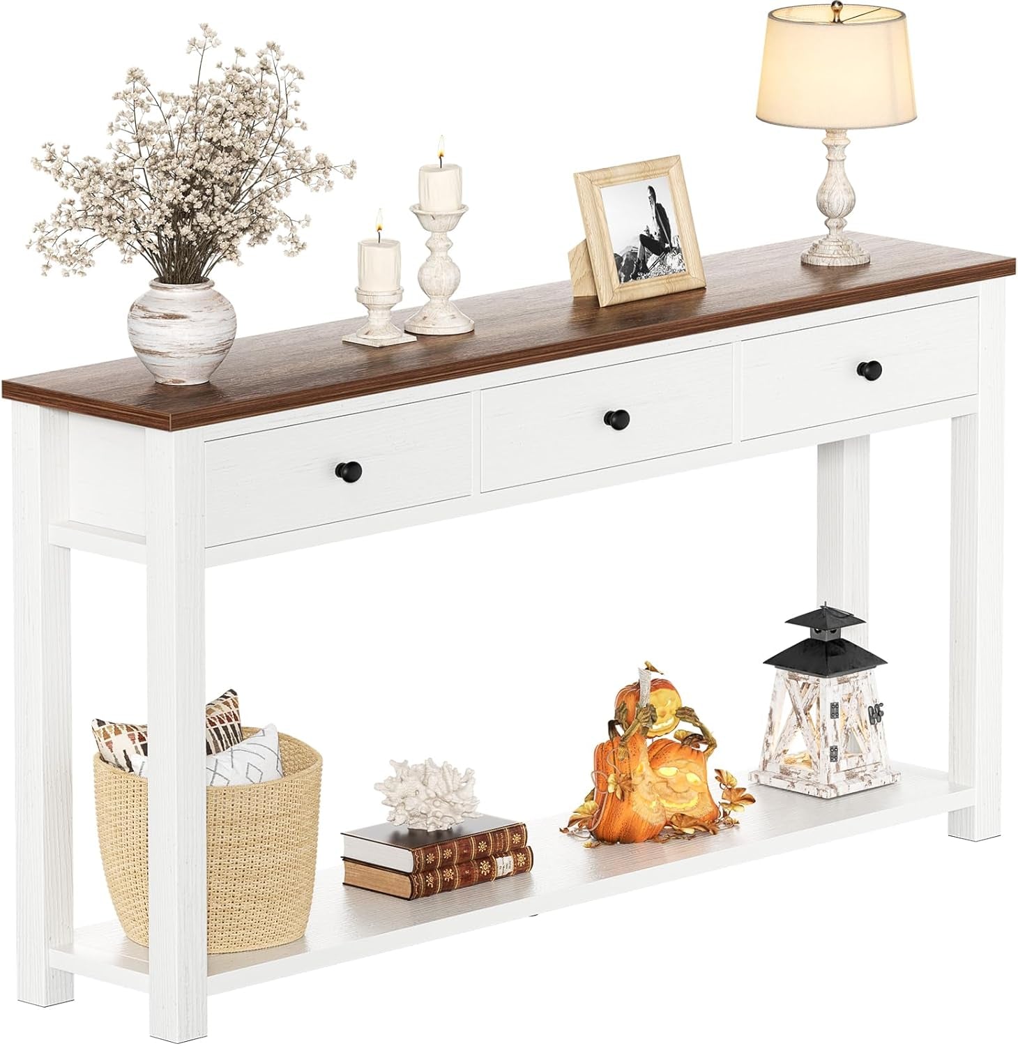 Farmhouse Console Table with 3 Drawers, 47 Inch Wood Sofa Table with Storage Shelf for Living Room, behind Couch, Entryway Table for Hallway, Living Room, or Foyer, Rustic Brown and White
