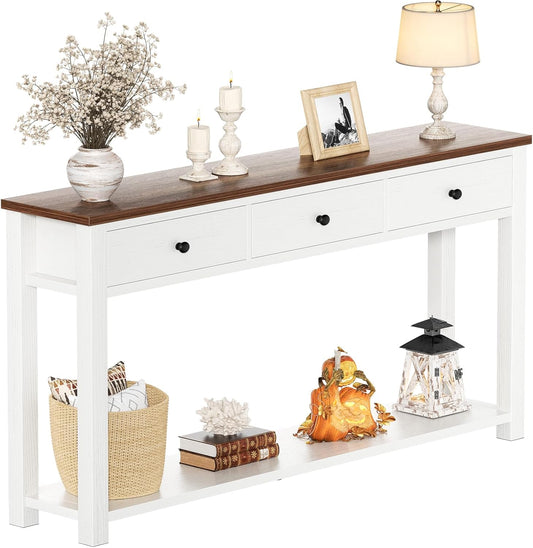 Farmhouse Console Table with 3 Drawers, 47 Inch Wood Sofa Table with Storage Shelf for Living Room, behind Couch, Entryway Table for Hallway, Living Room, or Foyer, Rustic Brown and White