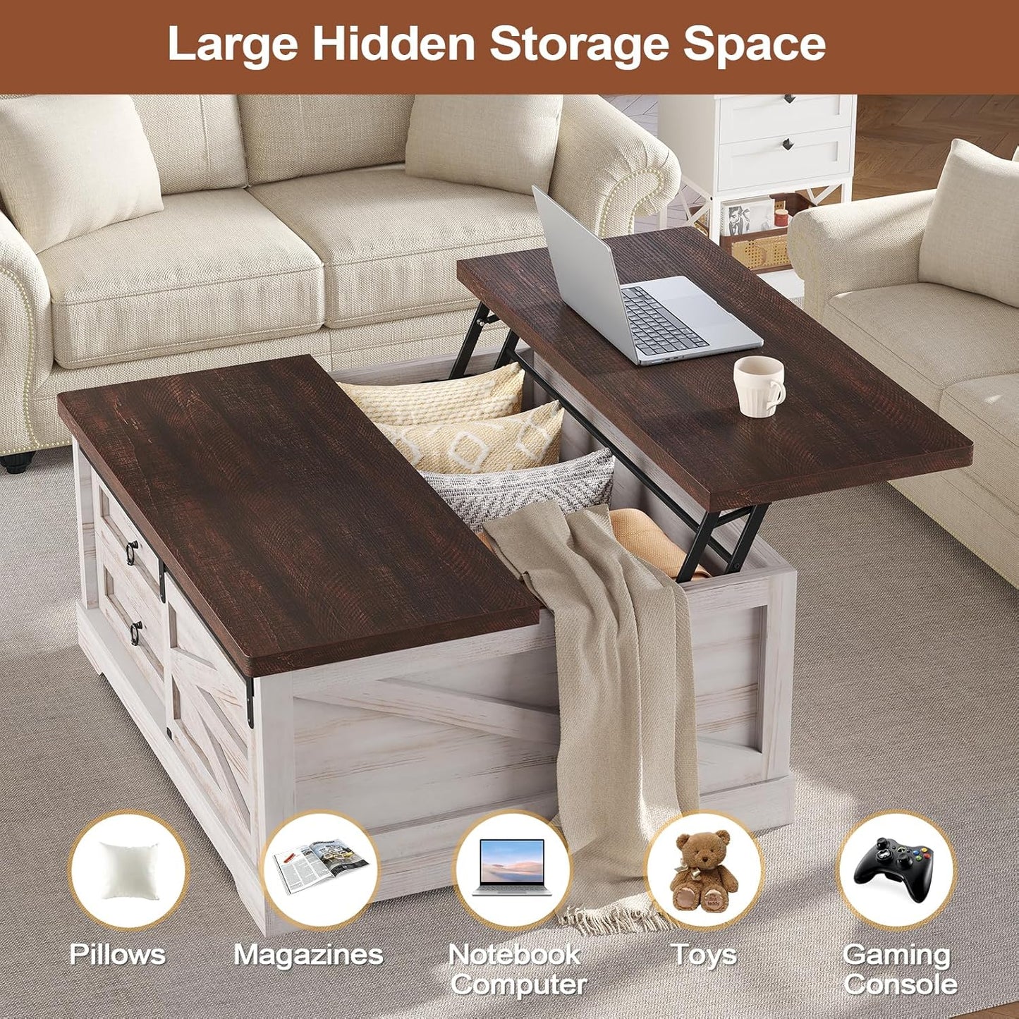 39.4'' Lift Top Coffee Table with Storage, Farmhouse Coffee Tables for Living Room, Square Coffee Table with Large Hidden Compartment & 2 Drawers & Adjustable Shelves, White