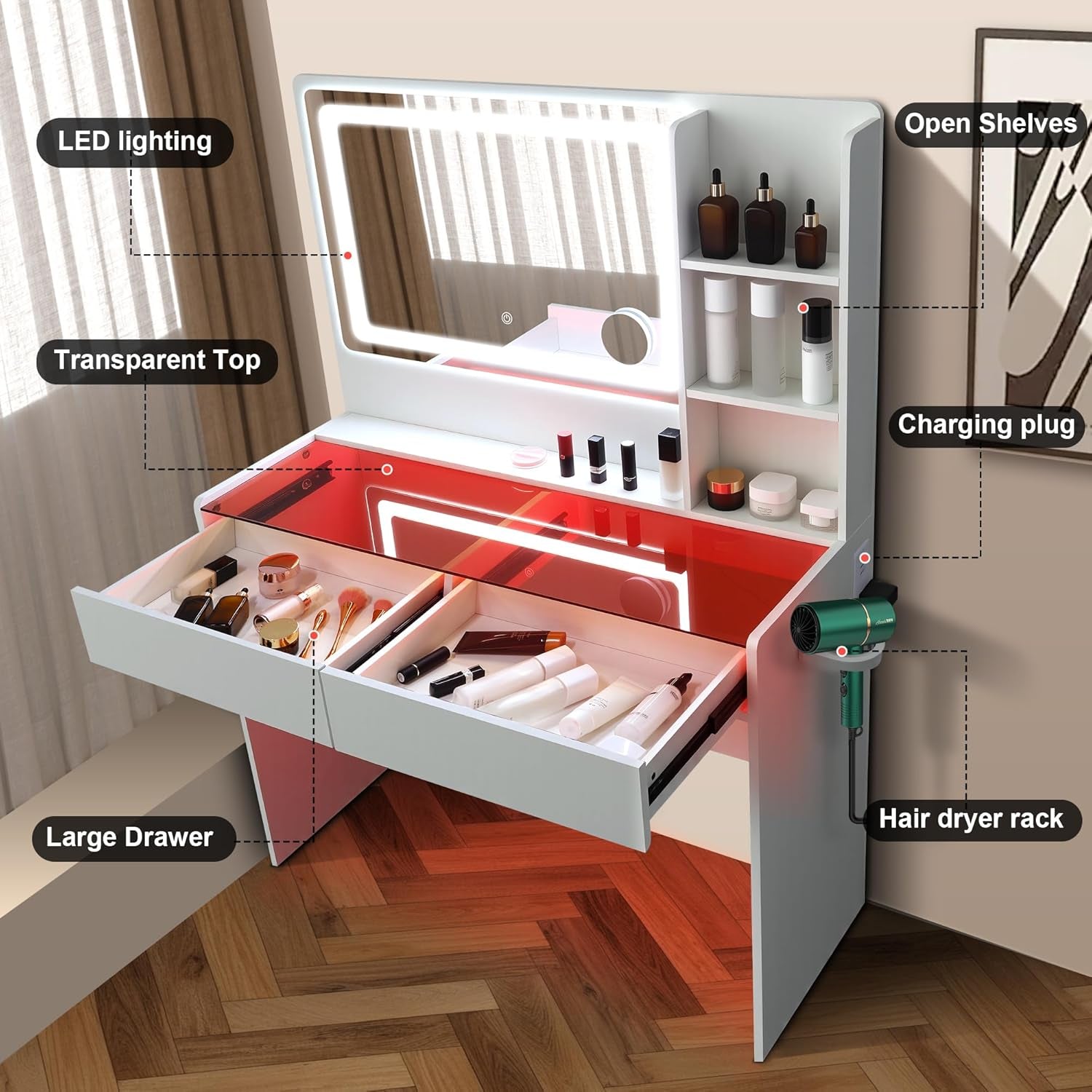 Vanity Desk，Transparent Desktop, Multiple Color Ambient Lights, with Mirror and Tri Color Light Strip, Dressing Table with Charging Station, Equipped with 2 Drawers, White