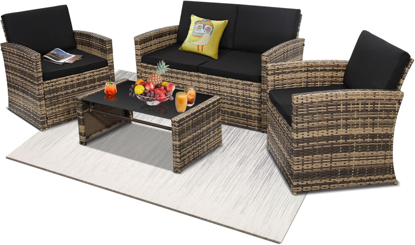 4-Piece Patio Furniture Set, Wicker Outdoor Rattan Sectional Sofa with Cushions and Glass Table, All-Weather Outdoor Conversation Set for Garden, Porch, Backyard, Patio, Black