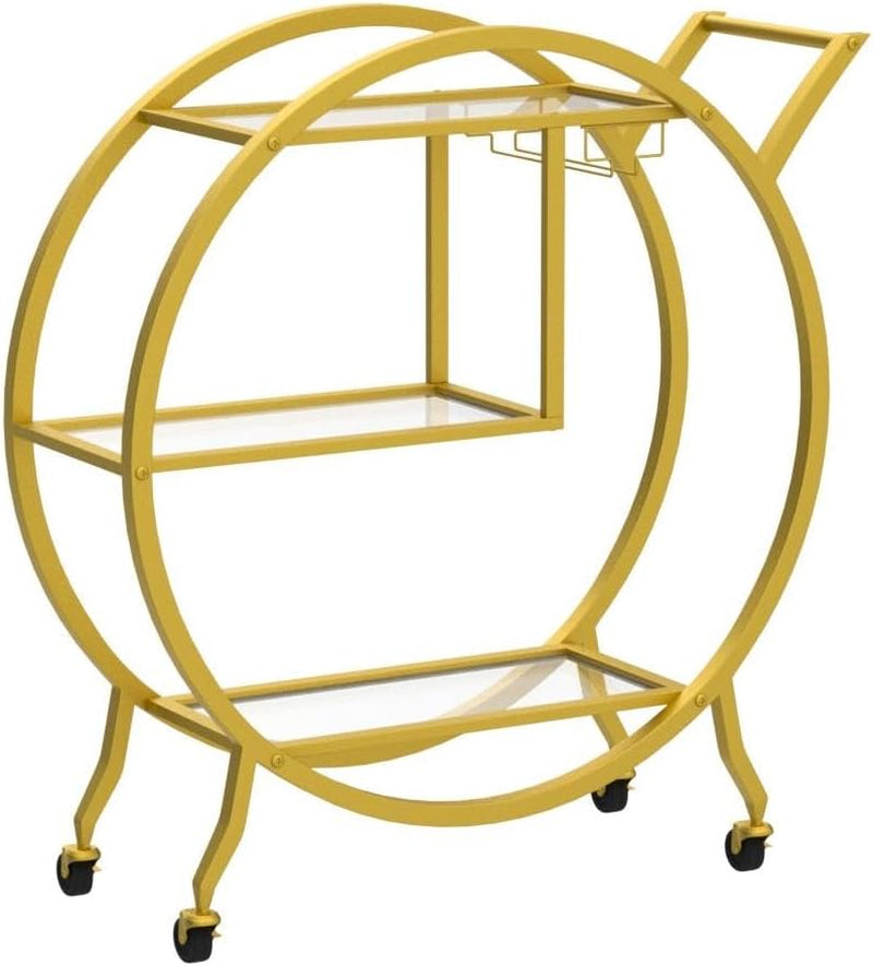 Bar Cart, Upgraded 3 Tier Gold Bar Serving Cart with Glass Holder and Wheels, Metal Handle round Bar Carts for the Home, Kitchen, Living Room
