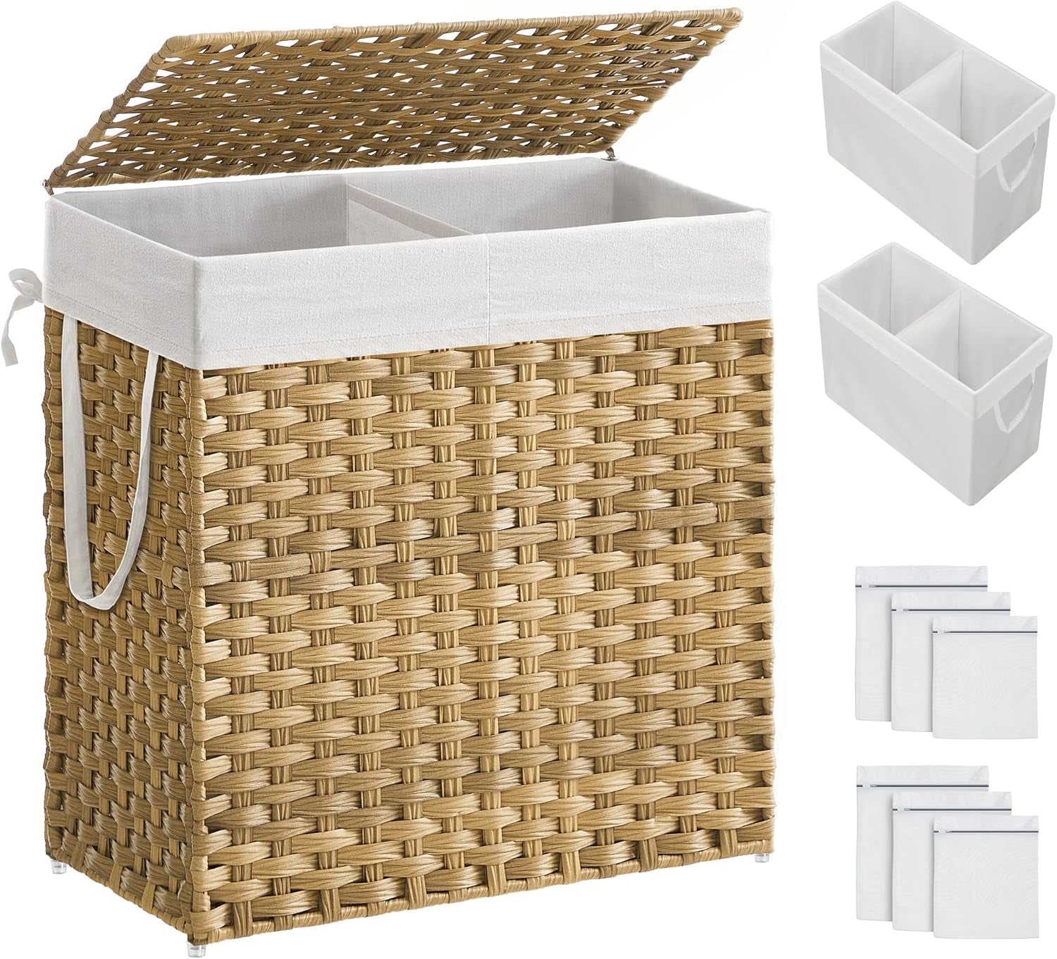 Laundry Hamper with Lid, 110L Clothes Hamper with 2 Removable Liner Bags, 6 Mesh Bags, Wicker Laundry Basket, Double Laundry Hamper for Bathroom, 13 X 22.4 X 23.6 Inches, Natural ULCB52NL