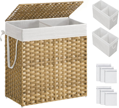 Laundry Hamper with Lid, 110L Clothes Hamper with 2 Removable Liner Bags, 6 Mesh Bags, Wicker Laundry Basket, Double Laundry Hamper for Bathroom, 13 X 22.4 X 23.6 Inches, Natural ULCB52NL