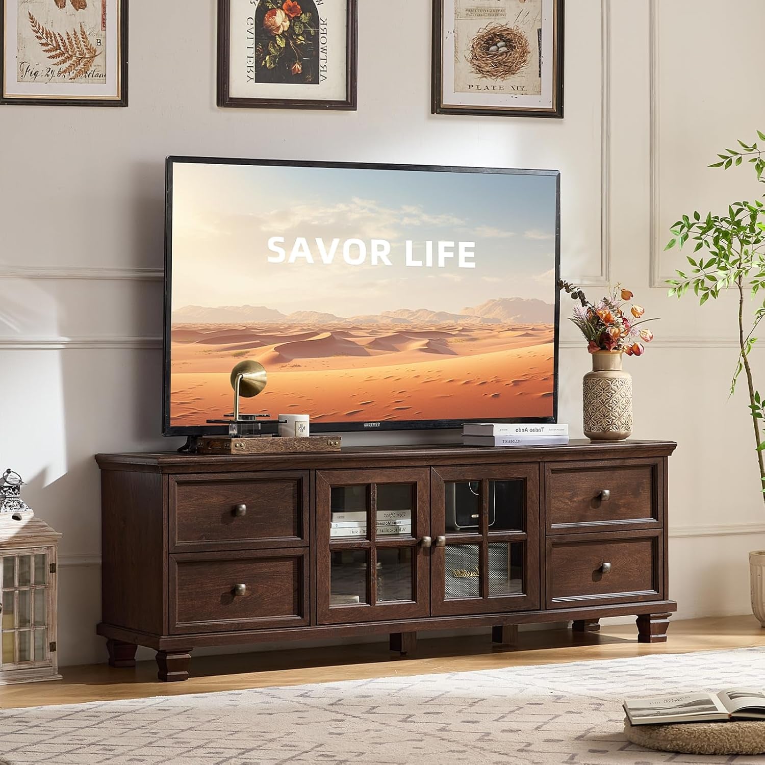 Farmhouse TV Stand and Coffee Table Set 4, Rustic Wood Living Room Table Set with TV Console, Center Table, End Table Set of 2 for Living Room, Walnut