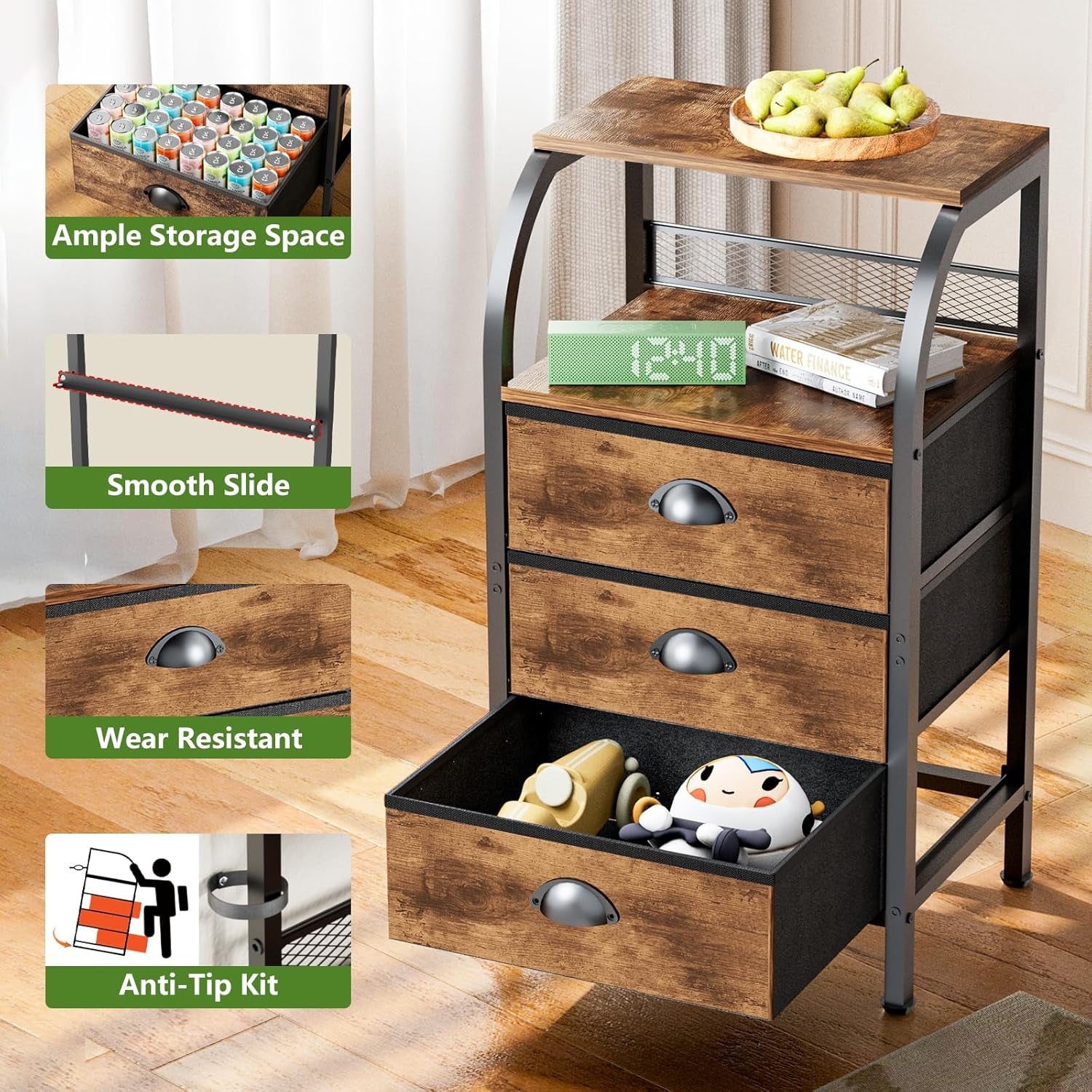 Night Stand Nightstand with Drawer Nightstands Storage Night Stands 3 Drawers Bedside Dresser Table Open Shelves Small Bed Side End Tables Fabric Cabinet for Bedroom Living Room Furniture