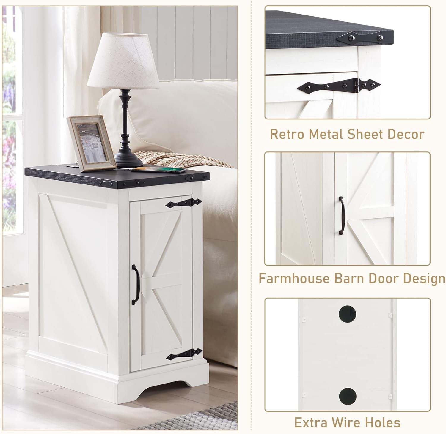 3-Piece Farmhouse Living Room Table Sets, Includeds 36" Lift Top Square Coffee Table W/Large Storage & 2 Rustic Wood End Tables W/Charging Station & Barn Doors (White)