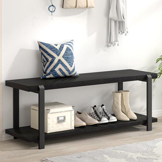 Entryway Bench, Modern Wood and Metal Storage Bench for Hallway, Industrial Indoor Shoe Rack Bench Seat for Living Room Bedroom, Black Oak 47 Inch Long