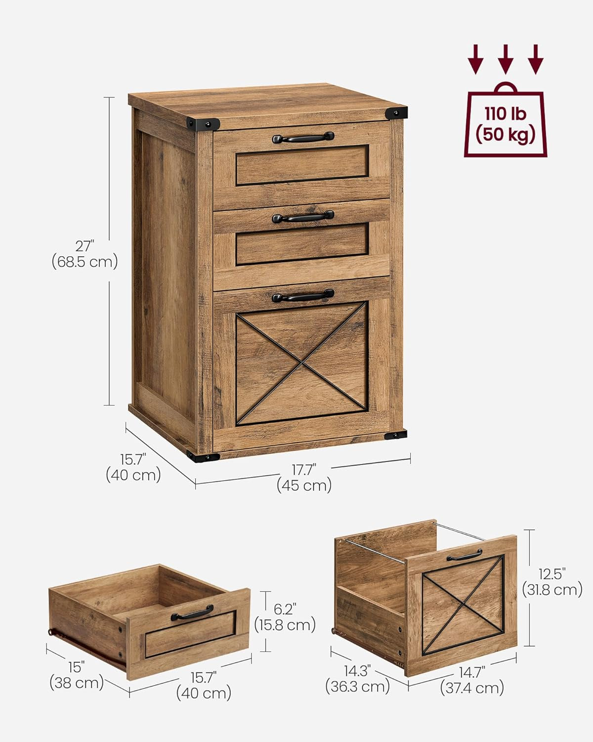 File Cabinet, Filing Cabinet with 3 Drawers, Printer Stand, Fit A4, Letter Size, Hanging File Folders, Modern Farmhouse Style, for Home Office, Maroon Brown UOFC054K02
