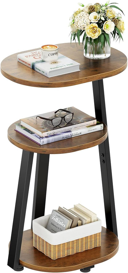 Side Table, Small End Table with Metal Frame, 3-Tier Bedside Tables, round Side Tables for Living Room Bedroom Couch Bathroom, Oval, Vintage Brown