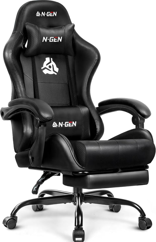 Video Gaming Chair with Footrest Lumbar Support for Home Office High Back Recliner Height Adjustable Ergonomic Comfy Leather Computer Desk Chair (Black)