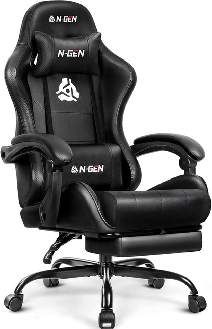 Video Gaming Chair with Footrest Lumbar Support for Home Office High Back Recliner Height Adjustable Ergonomic Comfy Leather Computer Desk Chair (Black)