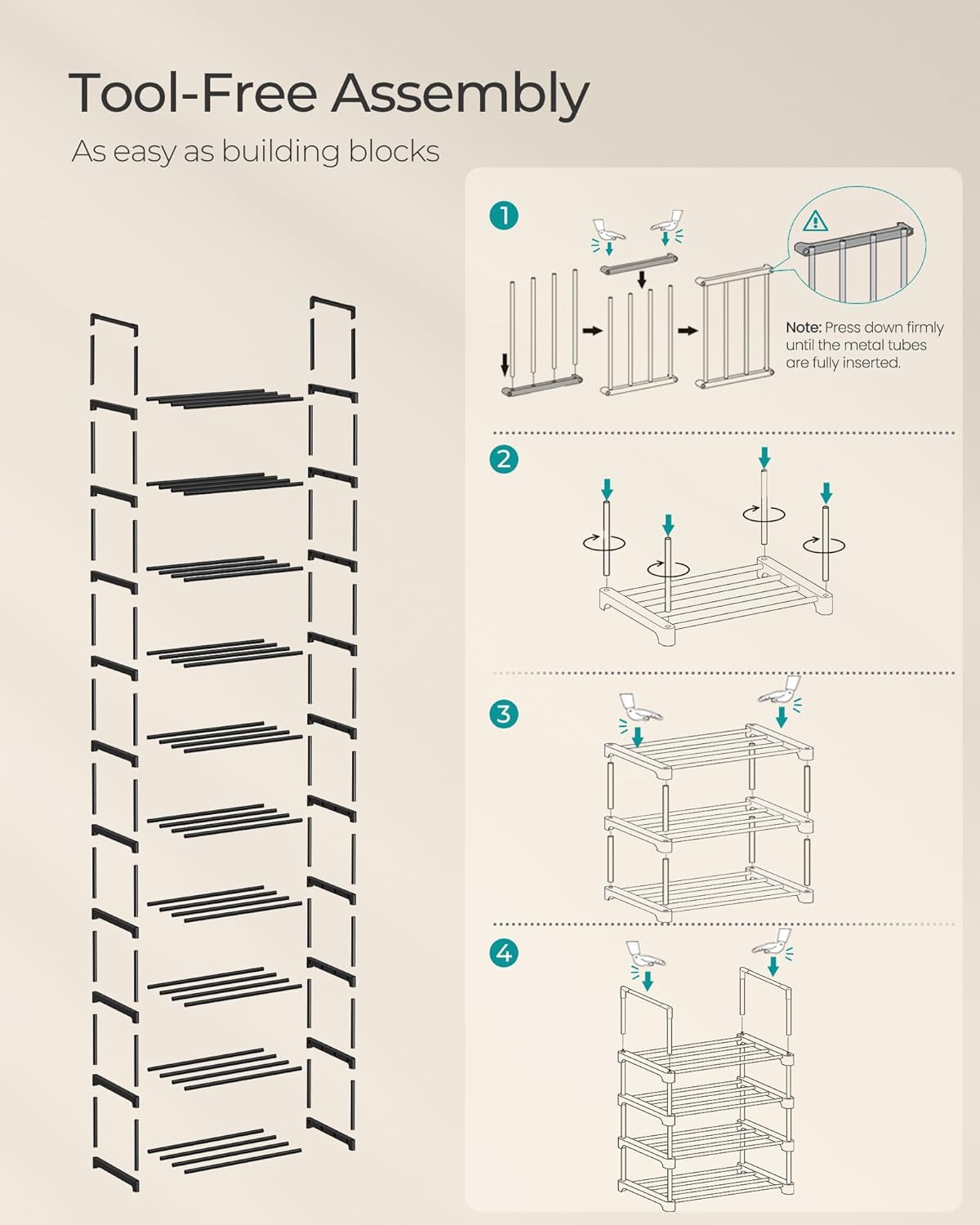 Shoe Rack, 10-Tier Shoe Organizer, Metal Storage Shelf, Upright or Upside Down, for 11-22 Pairs, for Entryway, 11.8 X 17.7 X 68.5 Inches, Black ULSA25BK