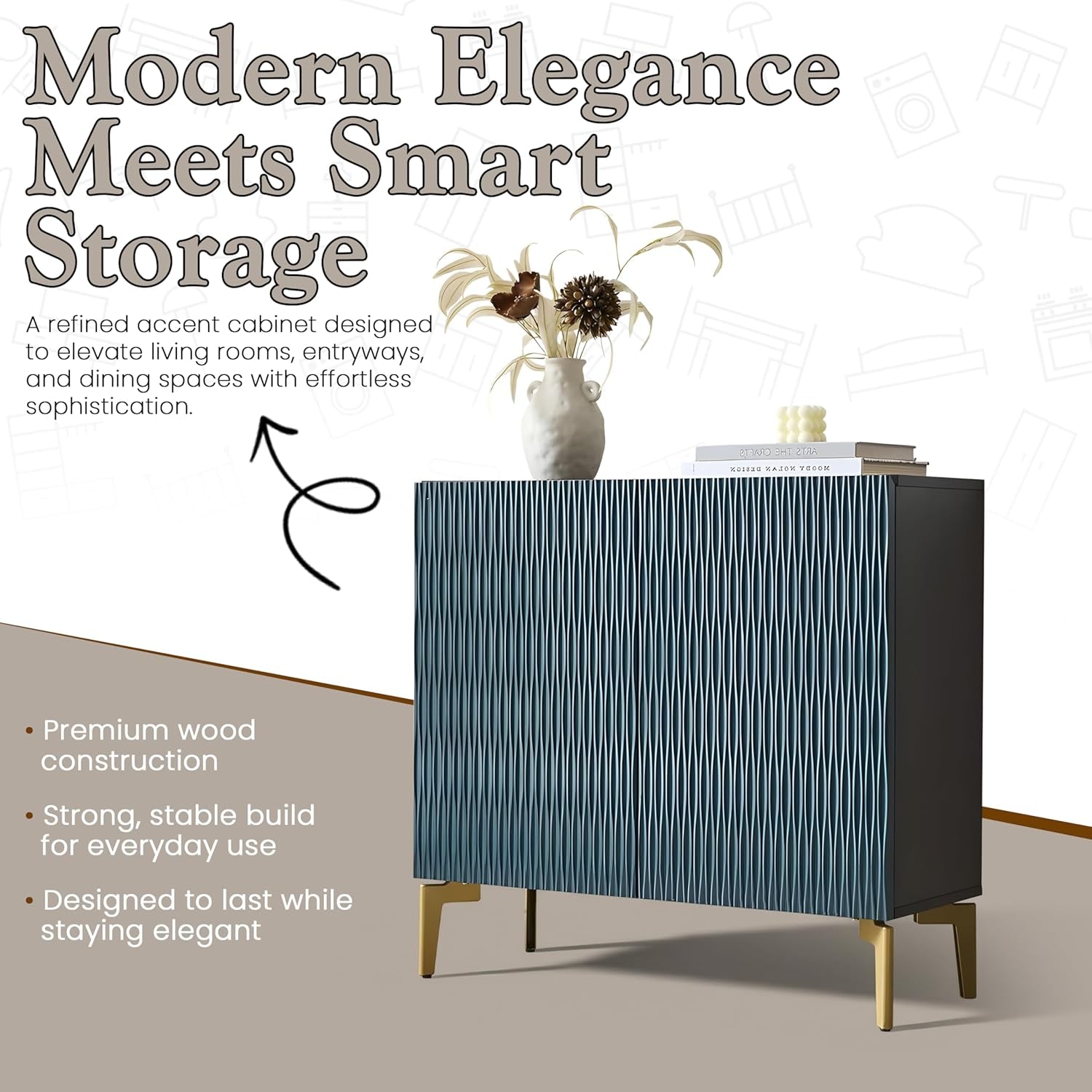 2-Door Storage Cabinet – Accent Sideboard Buffet in Blue & Black, Storage Cabinet for Living Room, Hallway, Kitchen, Dining Room, or Entryway
