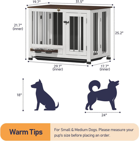 Dog Crate Furniture - 31.5" Wooden Dog Cage with Removable Tray & 360° Rotating Feeder | Decorative Dog Kennel Indoor | Multi-Functional End Table for Medium & Small Dogs | Portable Pet Crate