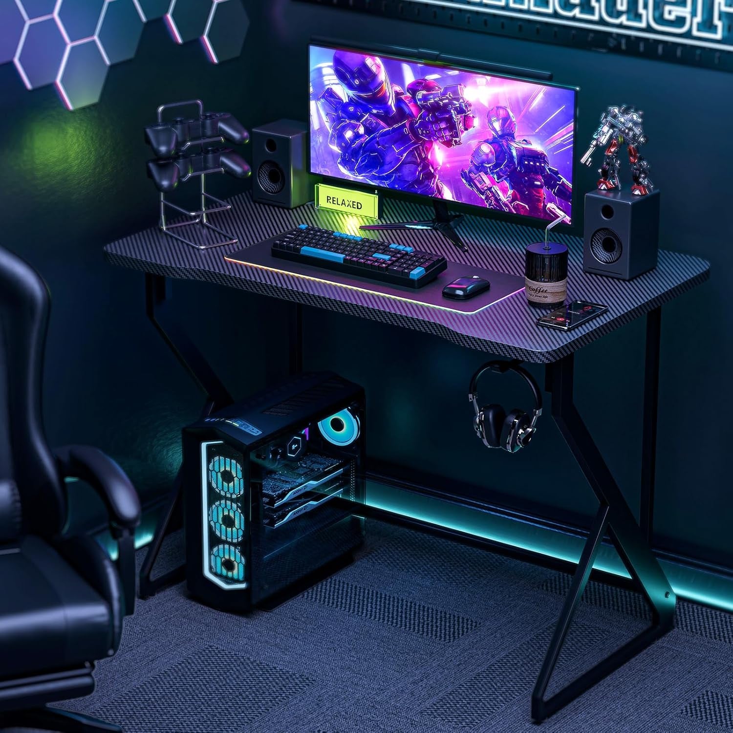 Gaming Desk Z Shaped 40 Inch Gamer Workstation, Home Computer Carbon Fiber Surface Gaming Desk PC Table with Headphone Hook, Carbon Fiber Black