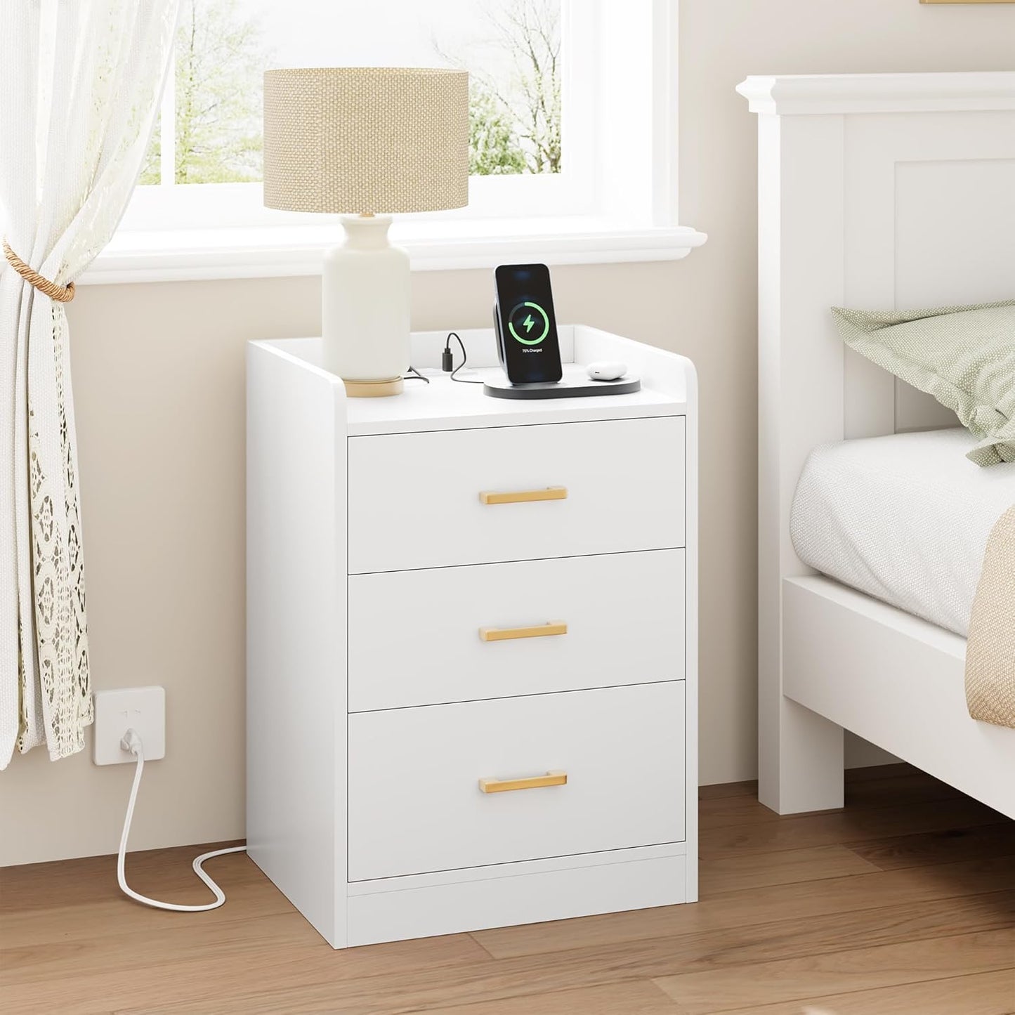 Nightstands Set of 2 with Charging Station, 3 Drawer Nightstand with Gold Handles, White Nightstand for Bedroom, Modern Design End Side Table for Home, Office