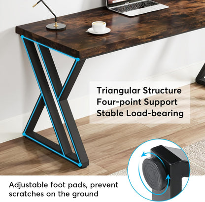 Writing Computer Desk, 55 Inch Heavy Duty Study Desk with Z-Shaped Metal Leg, Modern Simple Home Office Computer Desk, Rustic Brown