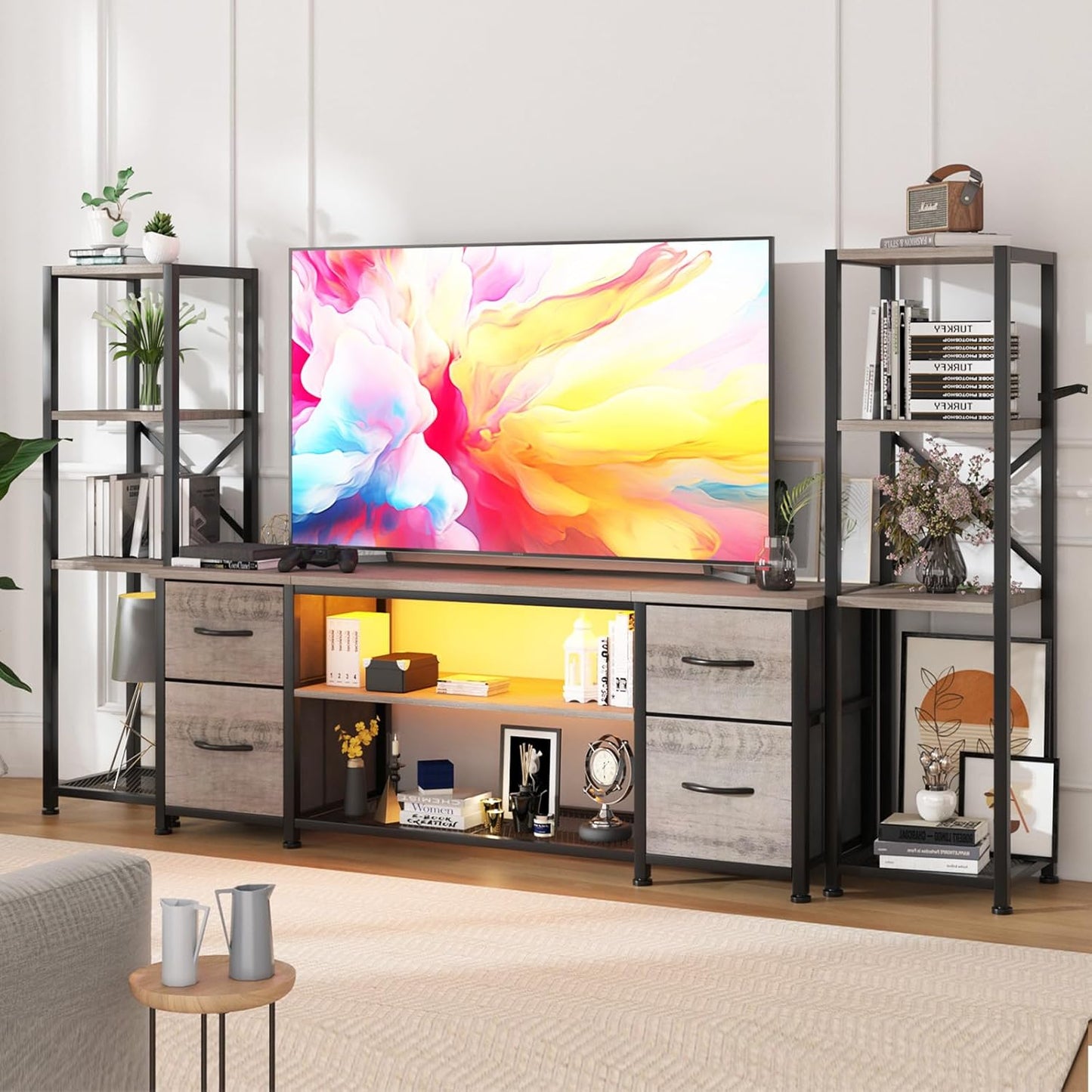 LED TV Stand 60 Inch for Living Room with Charging Station, Entertainment Center with 2 Industrial Bookshelves, Modern Console Cabinet with Storage Drawers (Greige)