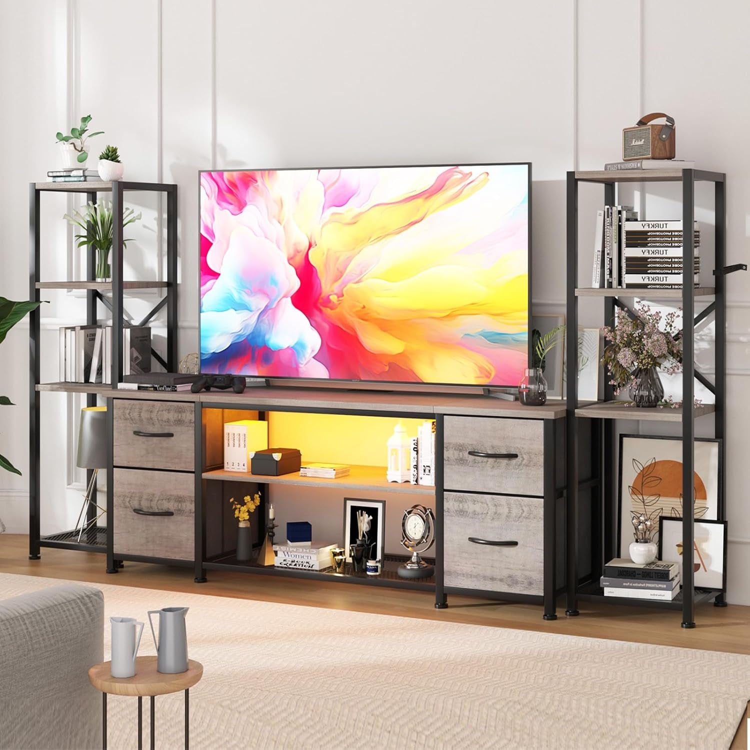 LED TV Stand 60 Inch for Living Room with Charging Station, Entertainment Center with 2 Industrial Bookshelves, Modern Console Cabinet with Storage Drawers (Greige)