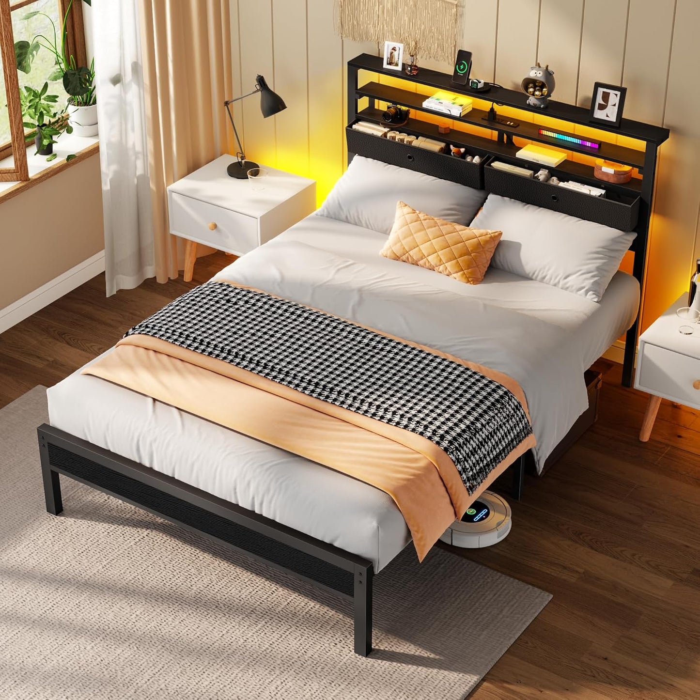 Full Size Bed Frame with Headboard & 2 Fabric Drawers, Full Platform Bed Featuring LED Lights, Built-In Charging Station & Storage Shelves, Metal Slats, No Box Spring Needed – Black Oak