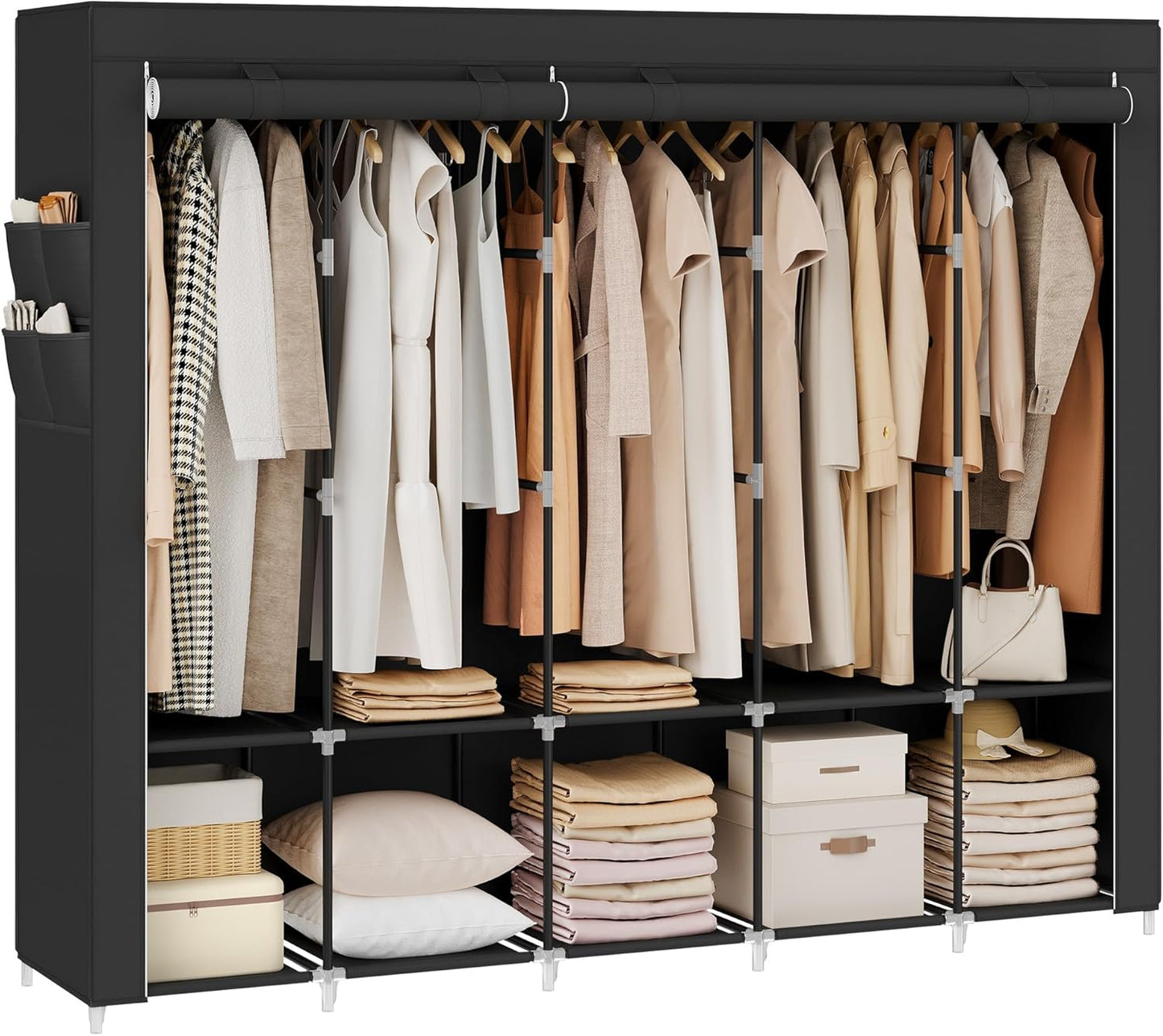 Portable Closet, Wardrobe Closet Organizer with Cover, 3 Hanging Rods and Shelves, 4 Side Pockets, 51.2 X 17.7 X 65.7 Inches, Large Capacity for Bedroom, Living Room, Ink Black URYG092B02