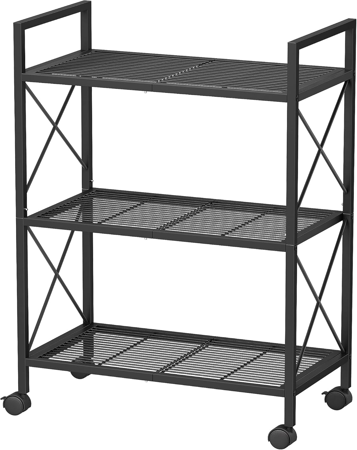 3-Tier Metal Storage Rack with Wheels, Mesh Shelving Unit with X Side Frames, 23.6-Inch Width, for Entryway, Kitchen, Living Room, Bathroom, Industrial Style, Black UBSC163B01