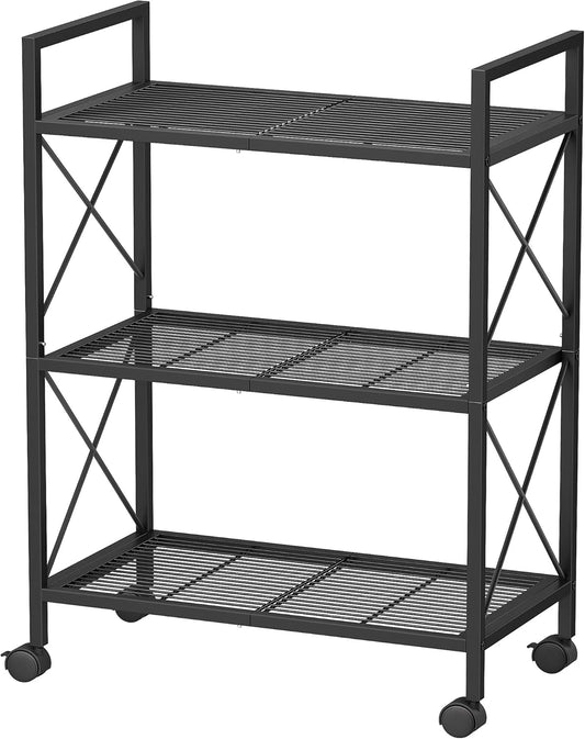 3-Tier Metal Storage Rack with Wheels, Mesh Shelving Unit with X Side Frames, 23.6-Inch Width, for Entryway, Kitchen, Living Room, Bathroom, Industrial Style, Black UBSC163B01