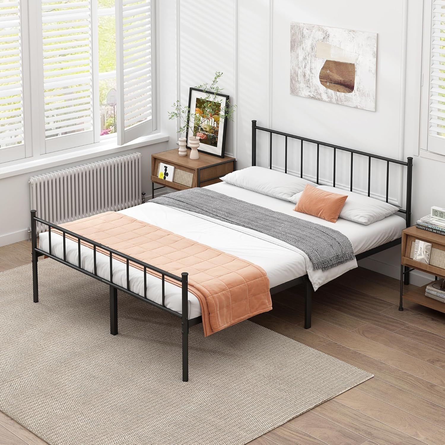 Classic queen metal platform bed frame with steel slats, view 4