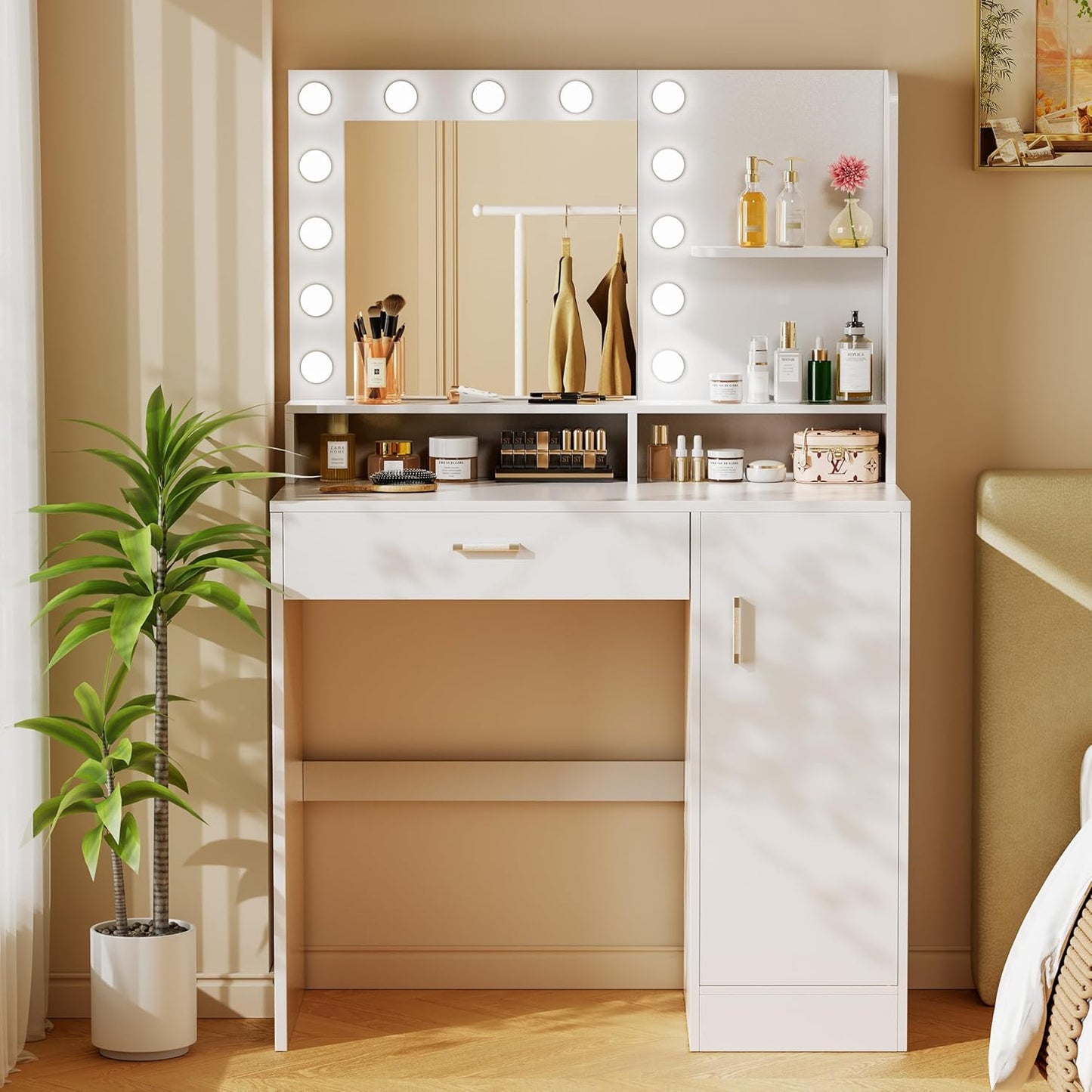 Vanity Desk with Mirror & Lights, White Makeup Desk with Drawers & Cabinet, 3 Lighting Modes & 10 Brightness, Vanity for Bedroom & Dressing Room