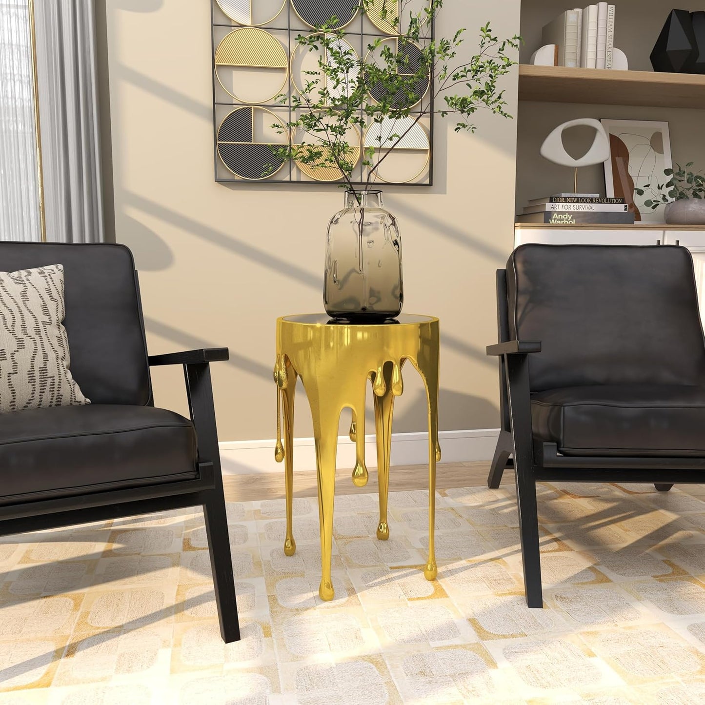 Aluminum Metal Abstract Melting Drip Accent Table with Melting Design and Shaded Glass Top, 16' X 16' X 25', Gold