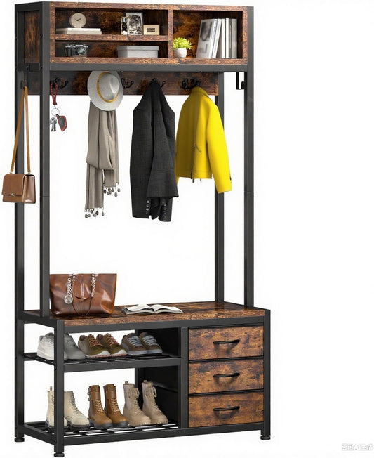 Hall Tree with Bench and Shoe Storage, Coat Rack Freestanding with 3 Fabric Drawers, Entryway Bench with Shoe Storage, Hall Tree with 12 Hooks for Hallway