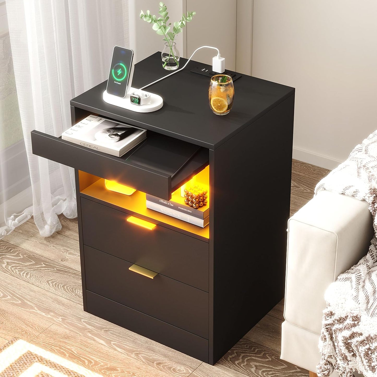 Night Stand, Bedside Table, LED Nightstand with Charging Station, Modern Night Stand, Wood Sofa Couch End Side Table with 2 Pull-Out Shelf (Black)
