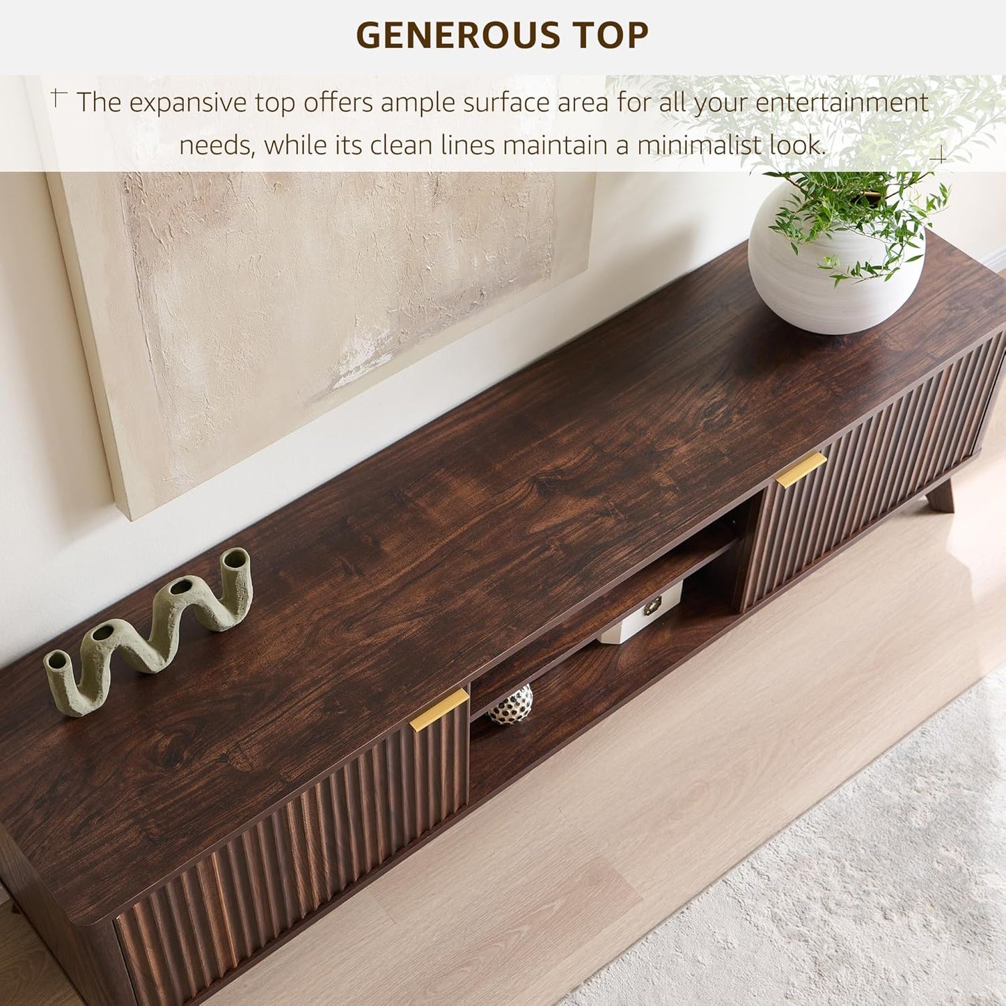 70" Mid Century Modern Fluted TV Stand, Entertainment Center, Sideboard, Media Console for Living Room with 2 Soft Close Door/Adjustable Shelves (Dark Walnut)