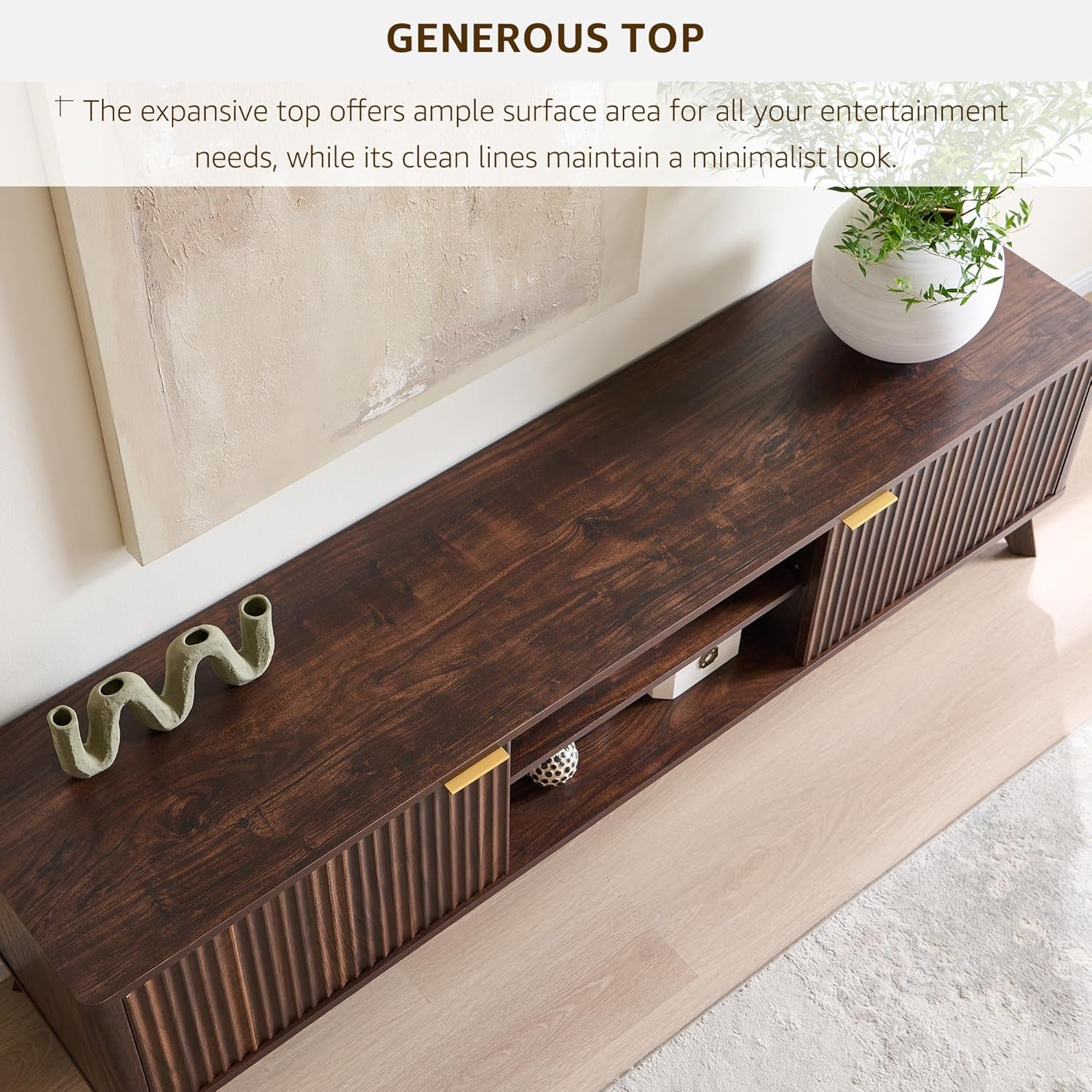 70" Mid Century Modern Fluted TV Stand, Entertainment Center, Sideboard, Media Console for Living Room with 2 Soft Close Door/Adjustable Shelves (Dark Walnut)