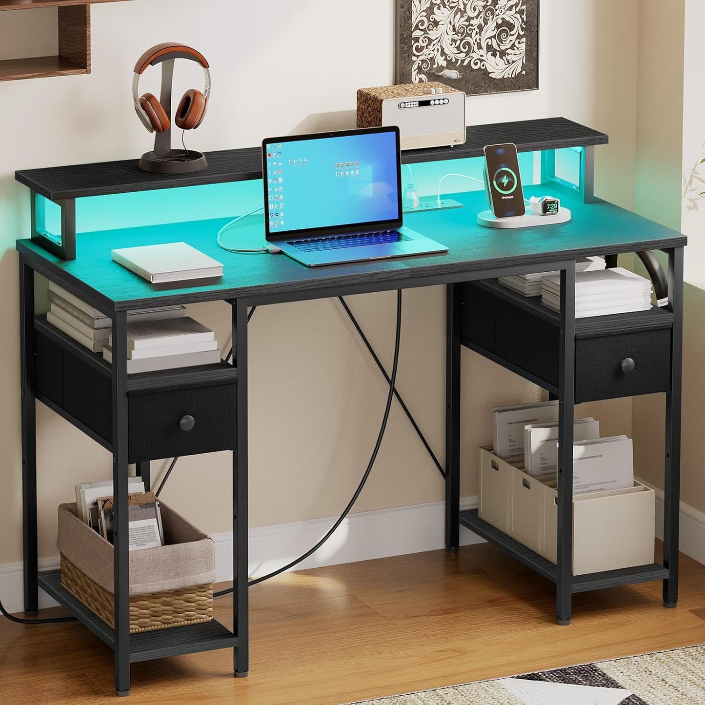 47 Inch Gaming Desk with LED Lights & Power Outlets, Computer Desk with Monitor Stand and Drawers, Gaming Table with Storage Shelves for Home Office, Study, Working, Black BB47UDDN01