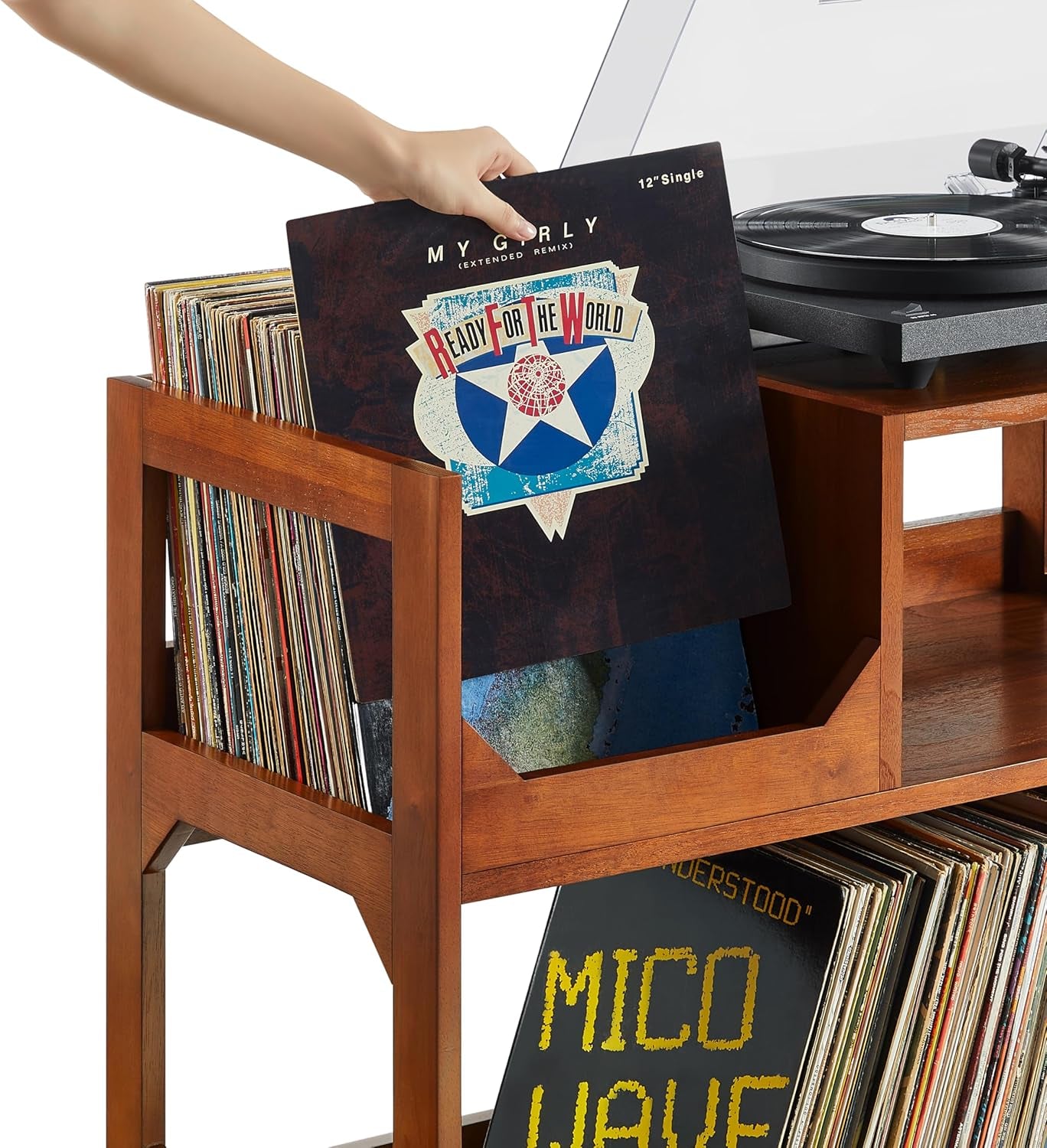 Asheville Mid-Century Modern Media Console Record Player Stand, Storage for Vinyl Records, Medium, Walnut