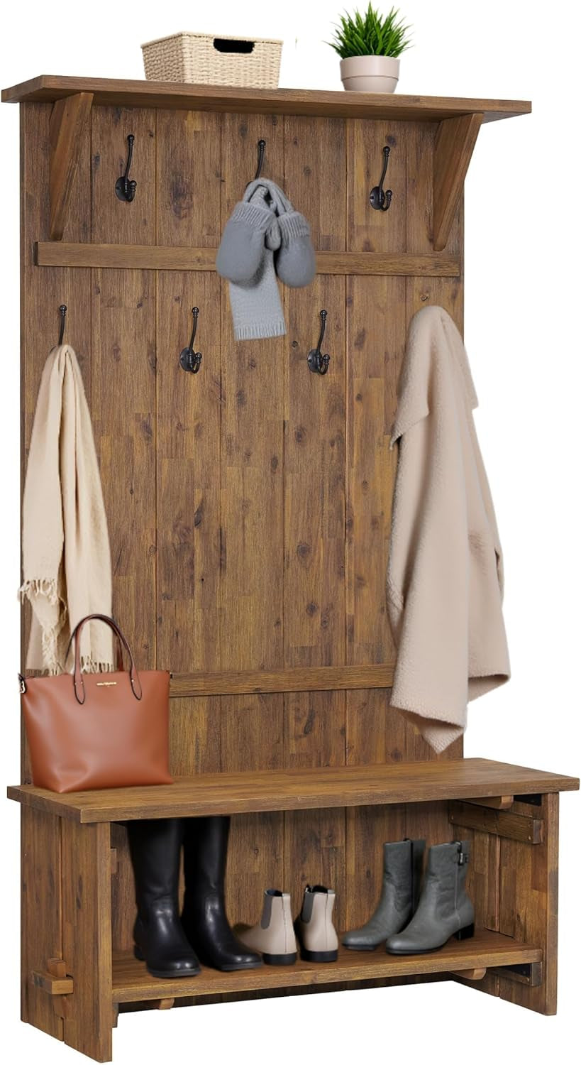 Bethel 70-Inch Acacia Wood Hall Tree with Bench, Storage Shelves & Metal Coat Hooks – Entryway Organizer for Mudroom, Hallway, or Kitchen (Natural Aged Brown Finish)