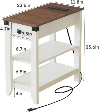 End Tables Living Room Set of 2, Narrow Side Table with Charging Station, Small Bedside Table for Small Space, Skinny Nightstand with Storage Drawer, White