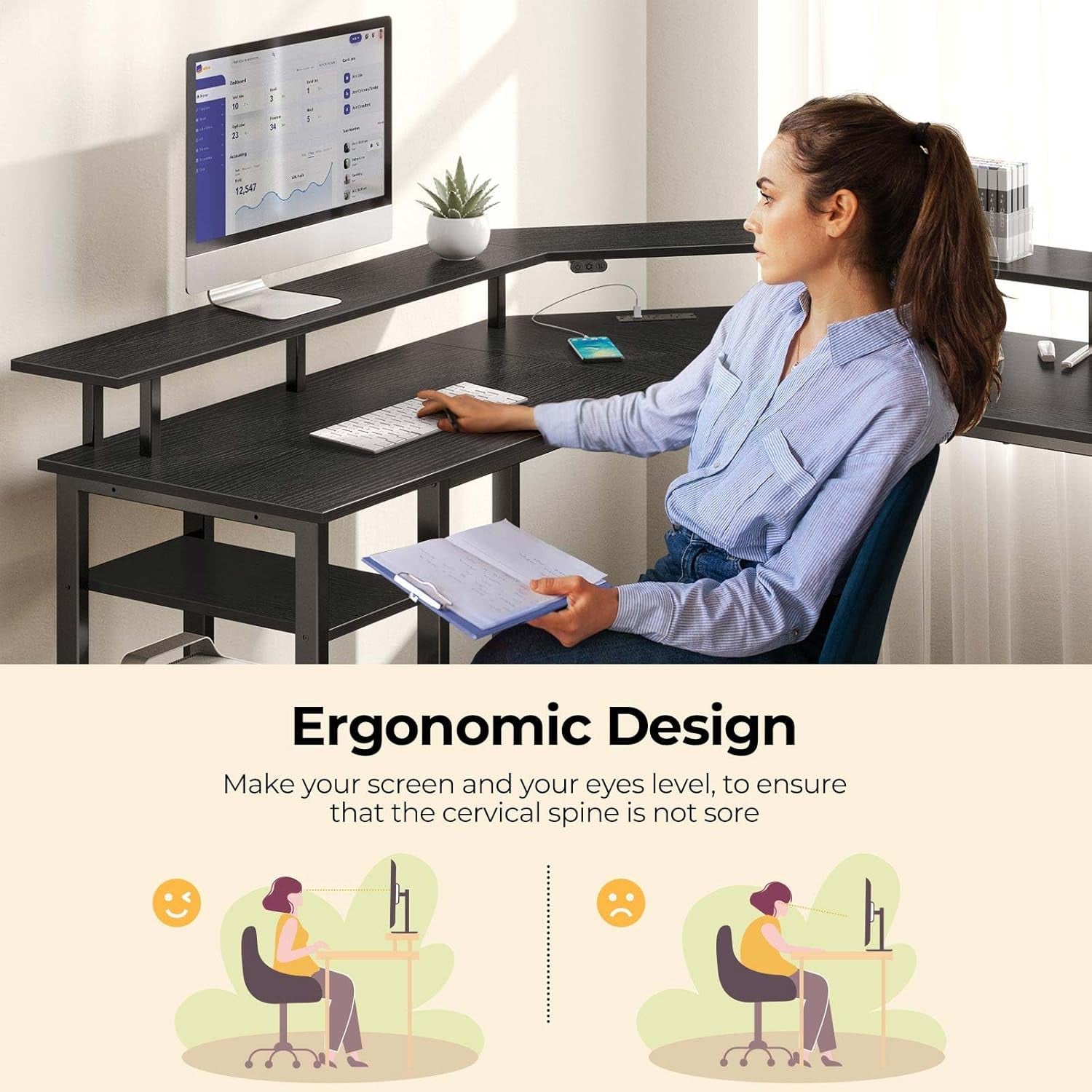 L Shaped Gaming Desk with LED Lights & Power Outlets, 53" Computer Desk with Full Monitor Stand & Storage Shelf, Corner Desk with Hooks, Black Desk Reversible