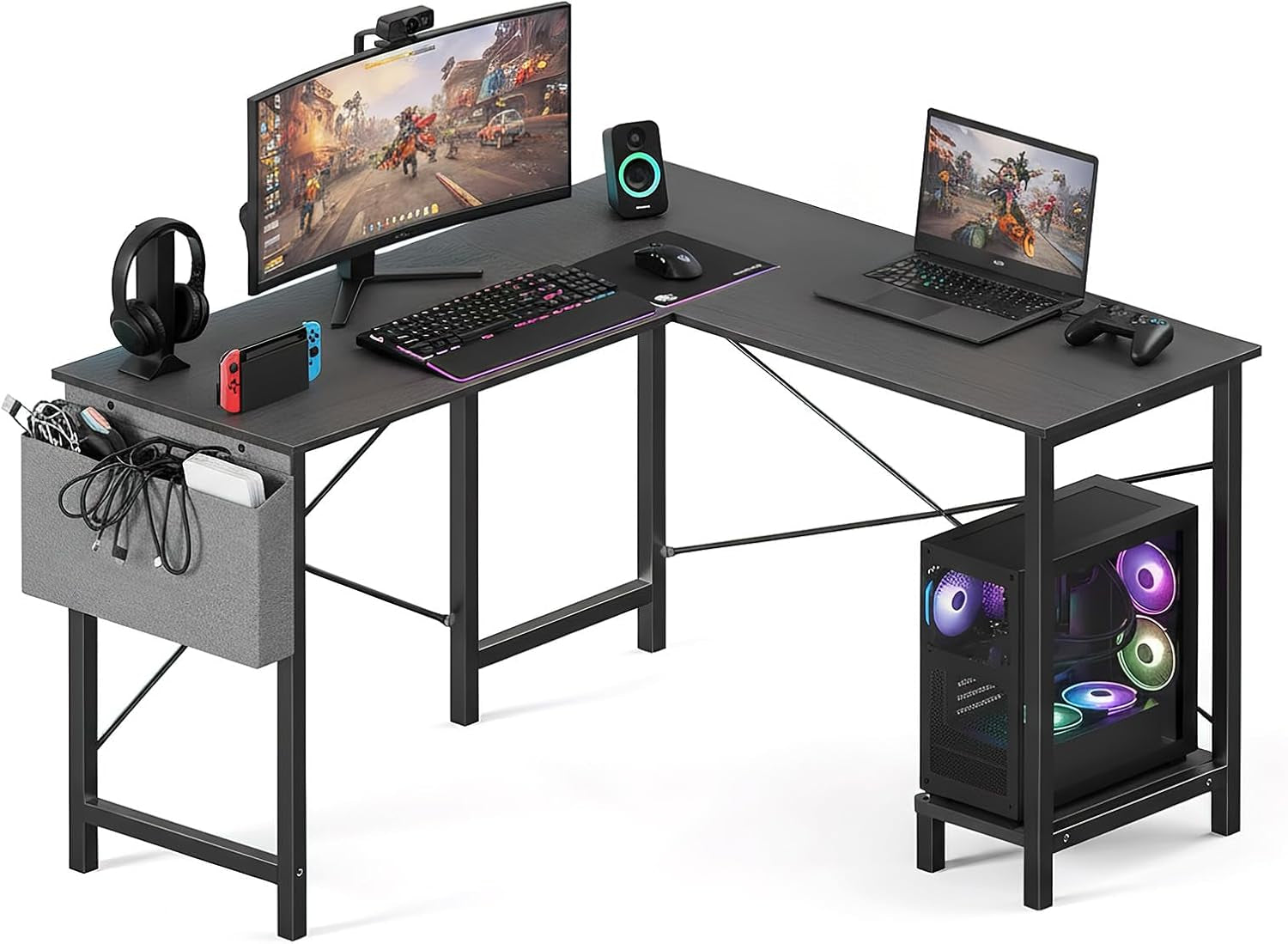 L Shaped Desk, 50-Inch Office Computer Gaming Desks Corner PC Table with Side Bag and Reversible Shelf for Home Work Study Writing Black