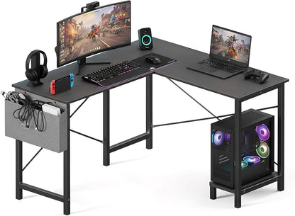 L Shaped Desk, 50-Inch Office Computer Gaming Desks Corner PC Table with Side Bag and Reversible Shelf for Home Work Study Writing Black