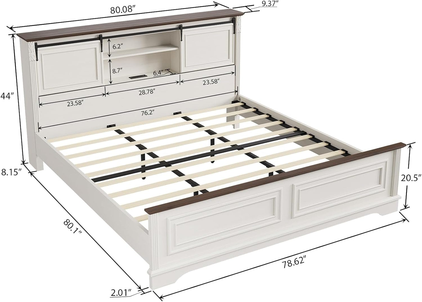Farmhouse King Size Bed Frame with Storage Headboard, Charging Station, Bracket Footboard, Antique White Bed Frame with Bookcase and Sliding Barn Doors, Noiseless