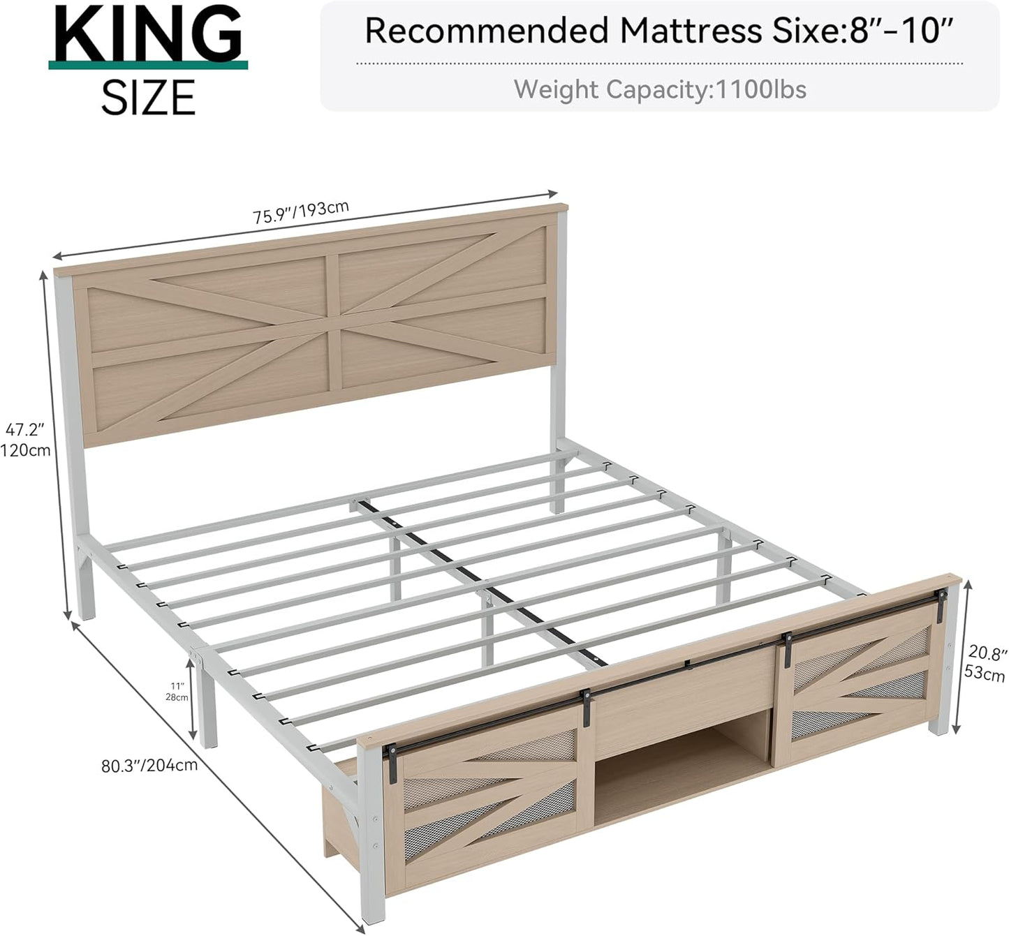 King Size Farmhouse Bed Frame with Sliding Barn Door Storage Cabinets, Platform Bed Frames with 47.2" Headboard, Solid Metal Slats Support, Noiseless, No Box Spring Needed, Oak