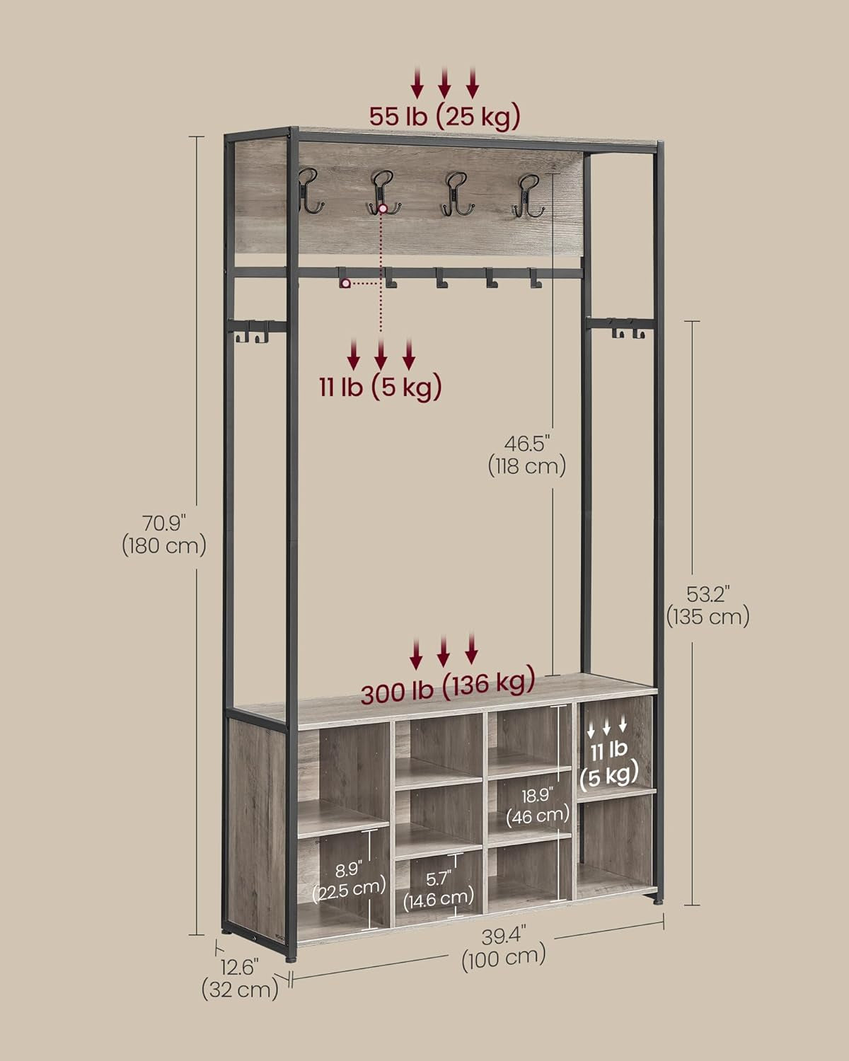 Hall Tree with Bench and Shoe Storage, Coat Rack with Shoe Bench, Entryway Furniture, Open Compartments, Industrial Style, Space Saving, Heather Greige and Ink Black UHSR432G01