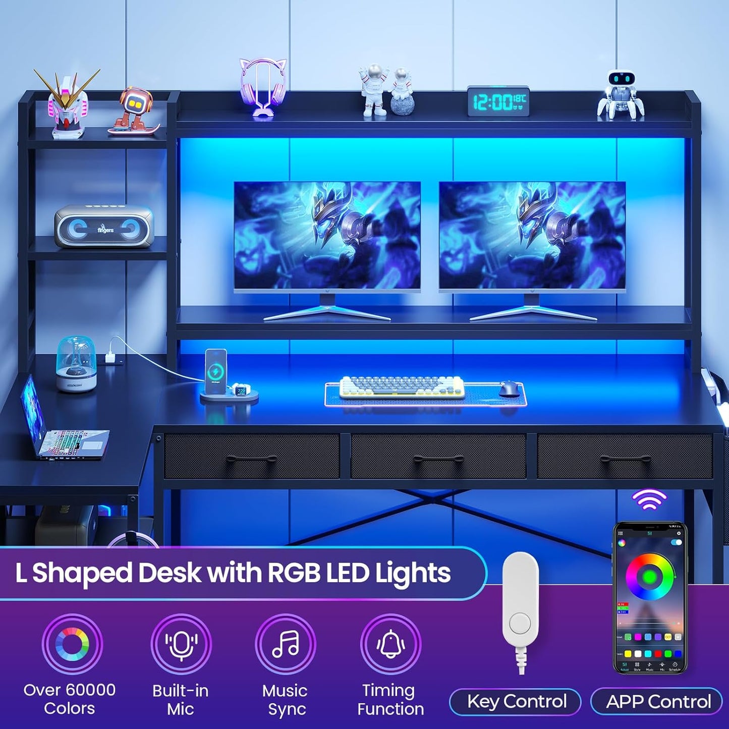 55" L Shaped Gaming Desk, Gaming Desk with Hutch & Drawers, Corner Computer Desk with Shelves and Storage, Reversible L Shaped Desk with LED Lights, Power Outlets, Monitor Stand, Black