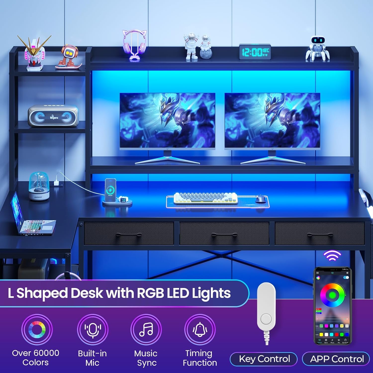 55" L Shaped Gaming Desk, Gaming Desk with Hutch & Drawers, Corner Computer Desk with Shelves and Storage, Reversible L Shaped Desk with LED Lights, Power Outlets, Monitor Stand, Black