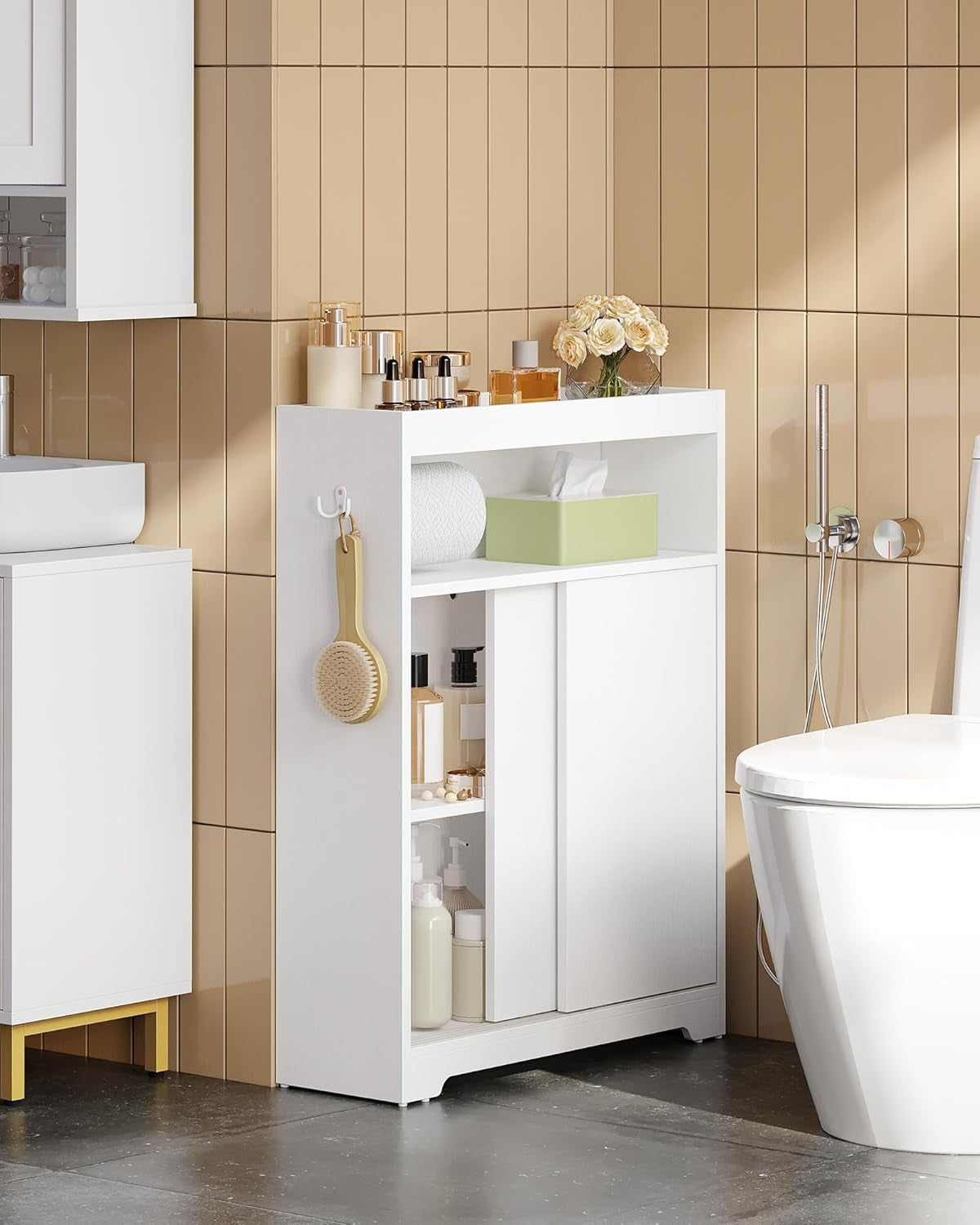 Slim Bathroom Storage Cabinet, Toilet Paper Storage Cabinet with Sliding Doors, Small Cabinets with Toilet Paper Holder, Adjustable Shelf, Next to Toilet, for Small Spaces, White BC62813X