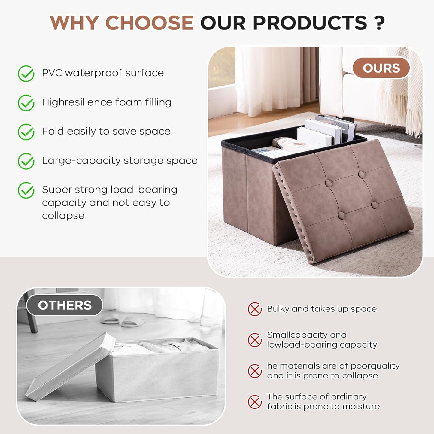 16 Inches Folding Cube Storage Ottoman, Small Leather Foot Rest Stool with Button Tufted Rivet Design, Footstool Bench, Ottoman with Storage for Living Room, Coffee Table 242 Lbs, Oak Brown